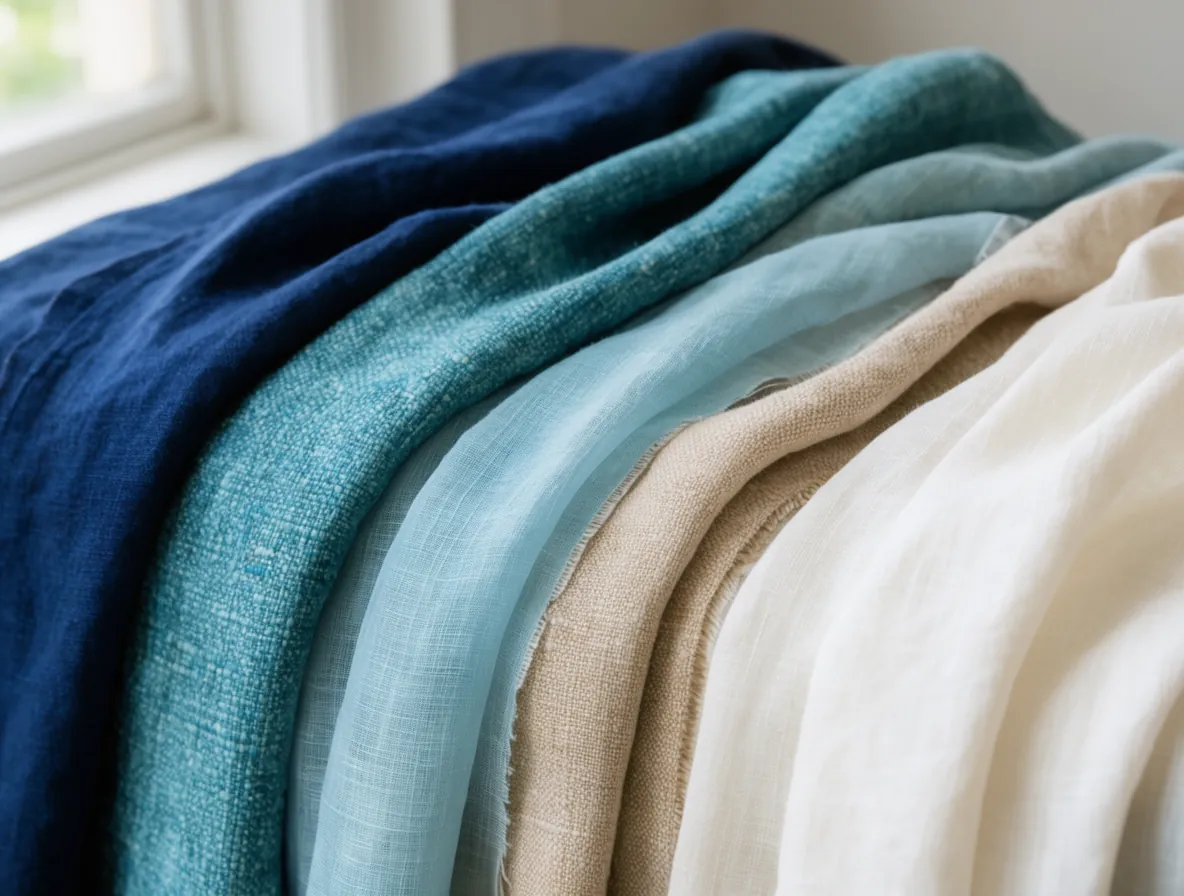 Folded fabrics in navy, ocean teal, sea-glass blue, sand, and ivory, shown as color inspiration.
