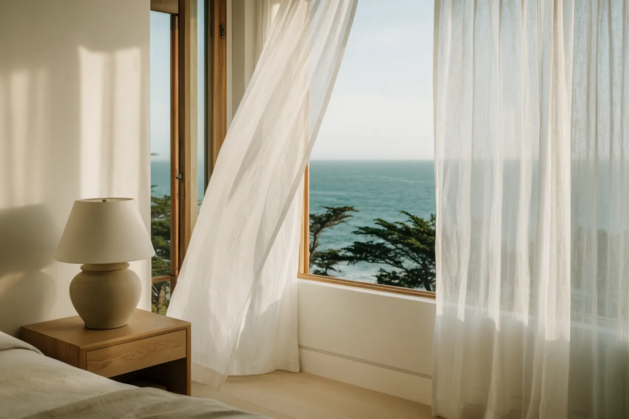 Sheer linen curtains lifted by an ocean breeze in a bright coastal bedroom overlooking the Pacific.