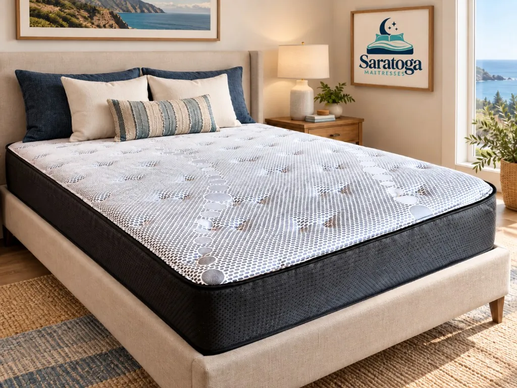 The Monterey Classic (MTR1): a 9-inch tight-top mattress with a white patterned surface and dark charcoal sides, in a sunlit coastal bedroom.
