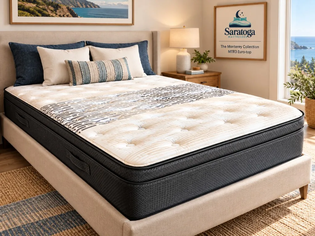 The Monterey Euro-top (MTR3): a thick 13-inch mattress with a quilted Euro-top layer and dark charcoal sides, in a sunlit coastal bedroom.
