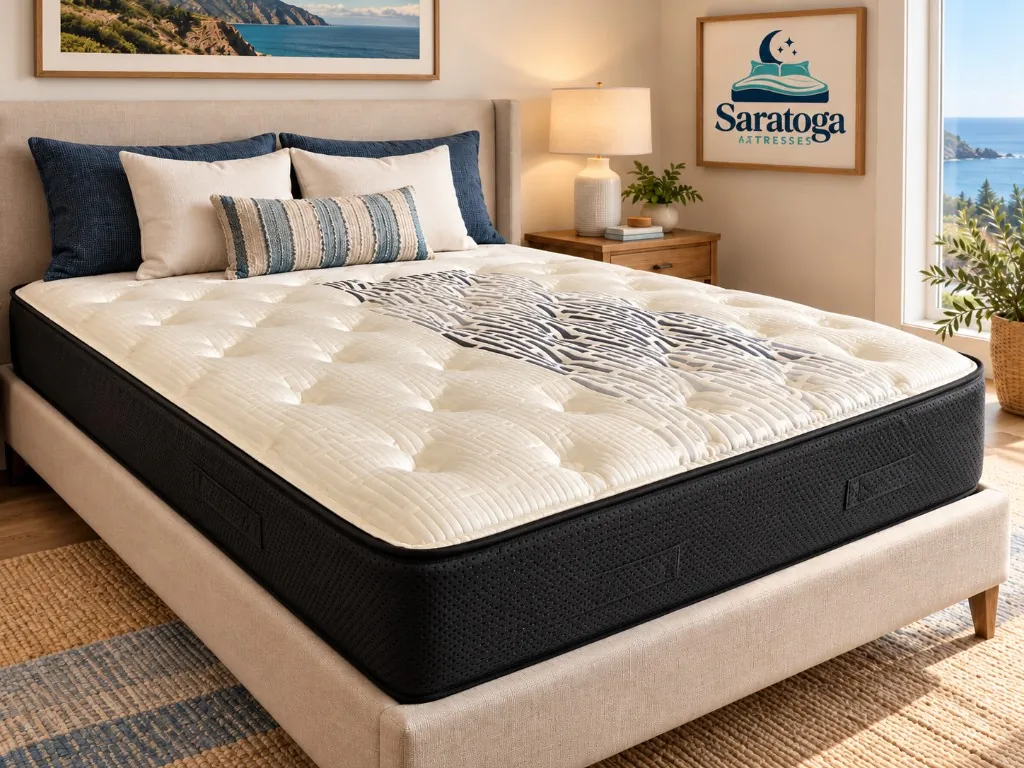 The Monterey Double-sided (MTR4): an 11.5-inch quilted mattress with a tufted ivory surface and a patterned center band, in a sunlit coastal bedroom.
